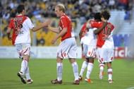 Monaco's players celebrate after a goal